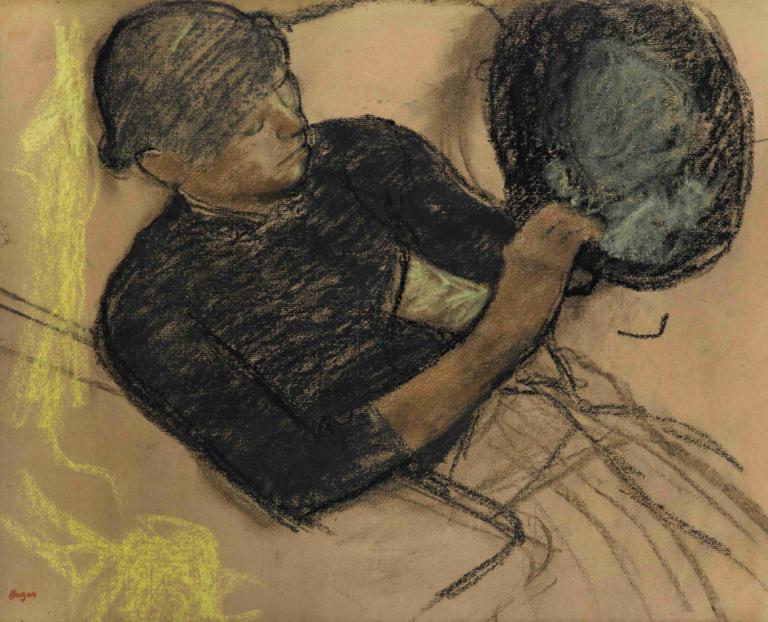 Chez La Modiste [Modiste Garnissant Un Chapeau],Edgar Degas,Pastel,Pastel, solo, traditional media, 1girl