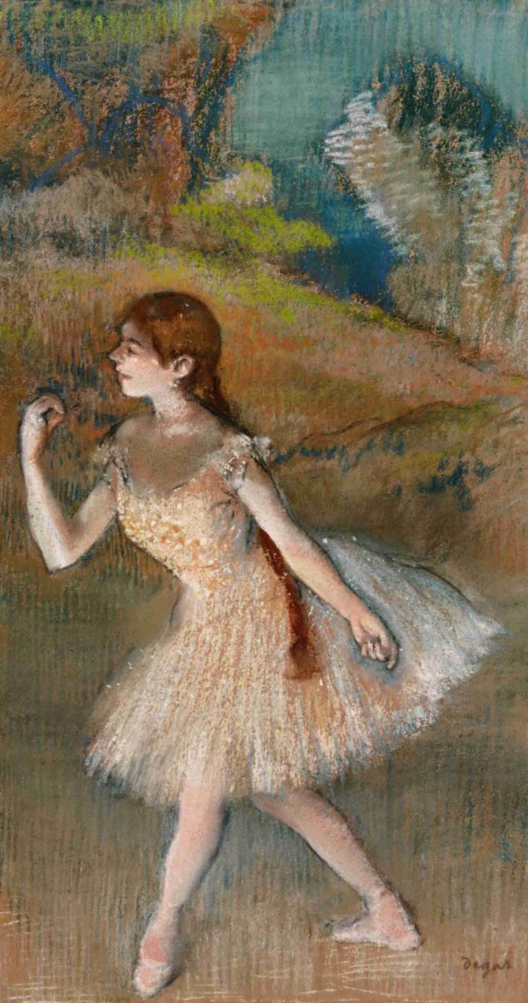 Danseuse,Penari,Edgar Degas,Pastel,Pastel, 1 gadis, solo, rambut coklat, gaun, kepang, rambut panjang