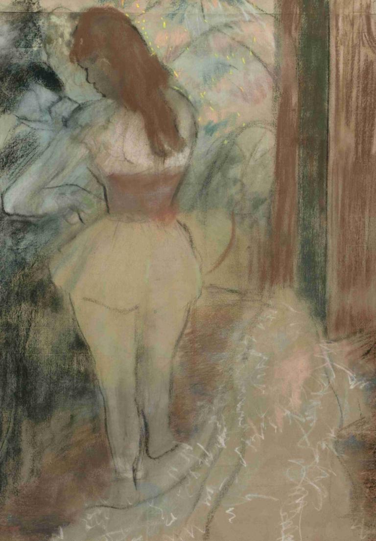 Danseuse S'habillant,ダンサー・ドレッシング,Edgar Degas,エドガー・ドガ,パステル画,パステル画, 1女の子, 長い髪, ソロ, 茶髪, ドレス, 背後から, 白いドレス, 立っている