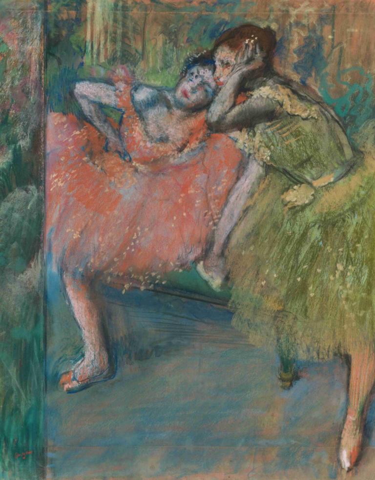 Danseuses Au Foyer,Dansere i huset,Edgar Degas,Pastel,Pastel, flere piger, 2 piger, kjole, maleri (medium)