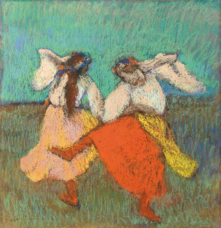 Danseuses Russes,Russiske dansere,Edgar Degas,Pastel,Pastel, nederdel, blåt hår, 1 pige, græs, langt hår