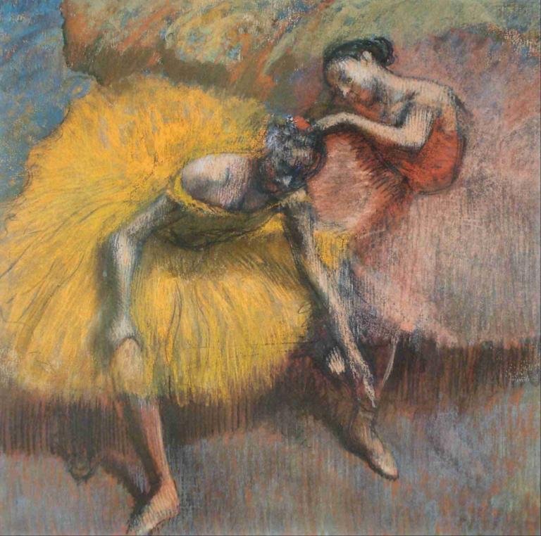 Deux Danseuses Jaunes Et Roses,Due ballerine gialle e rosa,Edgar Degas,Pastello,Pastello, vestito