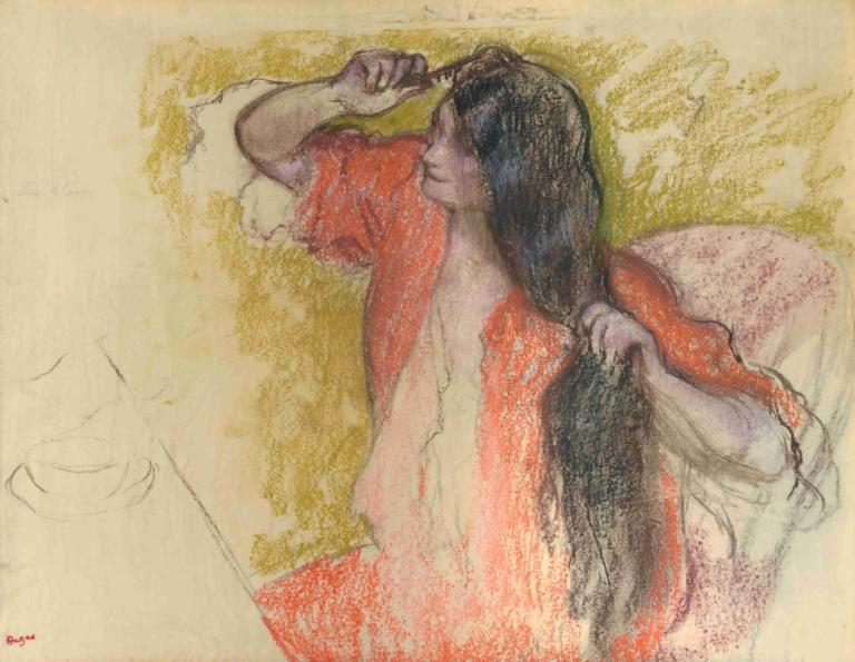 Femme En Peignoir Rouge Se Coiffant,紅色佩尼奧婦女,Edgar Degas,埃德加·德加,粉彩畫,粉彩畫, 獨奏, 長髮, 1個女孩, 黑髮, 傳統媒體, 梳理頭髮, 抓著頭髮