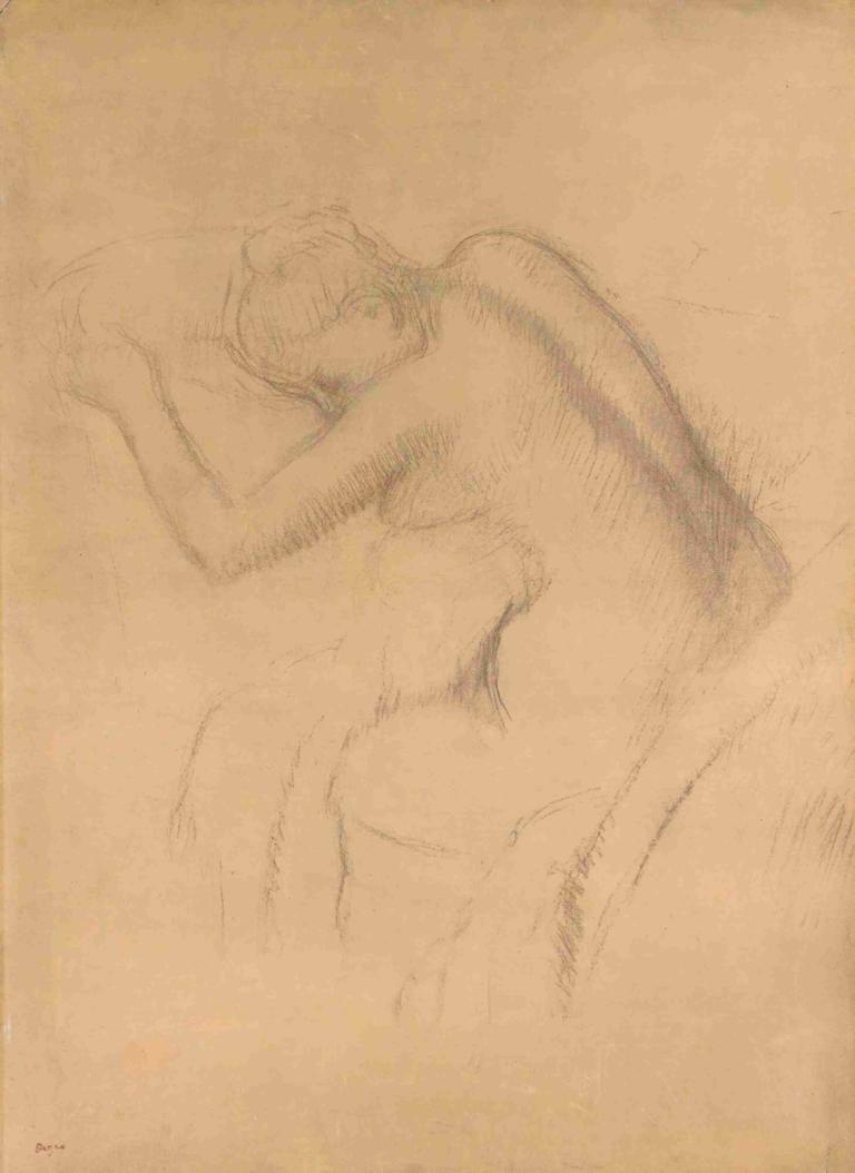 Femme Nue Assise,女性Nue Assise,Edgar Degas,埃德加·德加,素描,素描, 1個女孩, 獨奏, 裸體, 乳房, 單色, 說謊, 短髮, 草圖, 床, 傳統媒體, 一邊, 睡眠, 枕頭