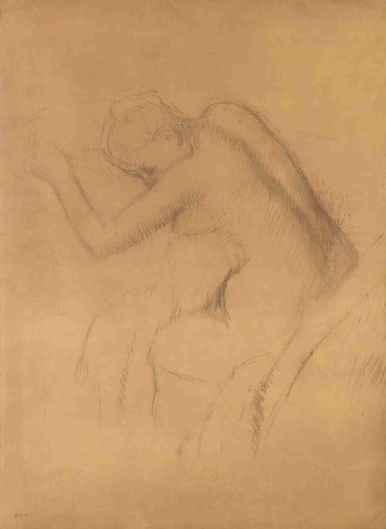 Femme Nue Assise,女性Nue Assise,Edgar Degas,埃德加·德加,素描,素描, 獨奏, 1個女孩, 裸體, 乳房, 單色, 說謊, 床, 短髮, 草圖, 中等乳房, 枕頭