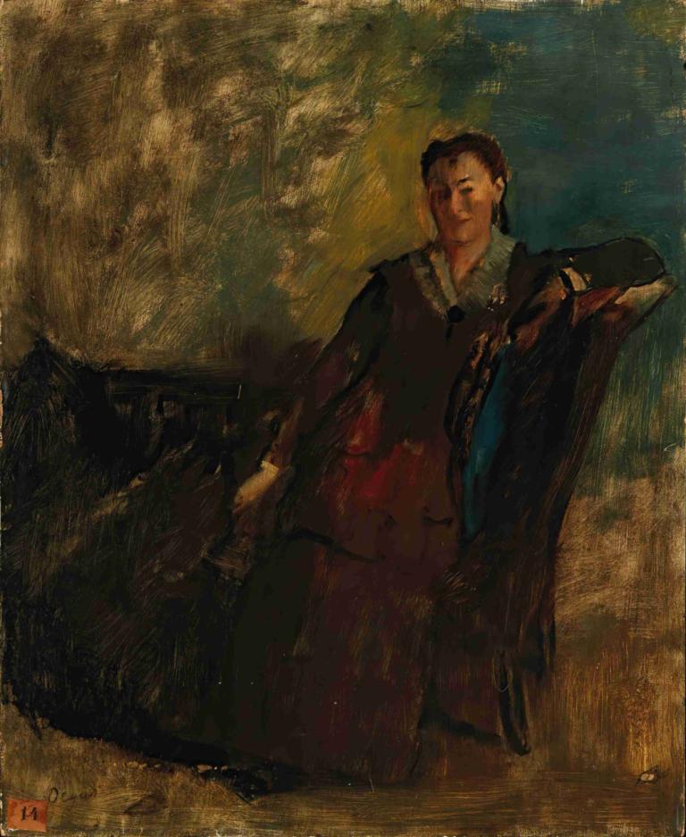 Femme assise sur un canapé,Vrouw zittend op een bank,Edgar Degas,Olieverf,Olieverf, solo