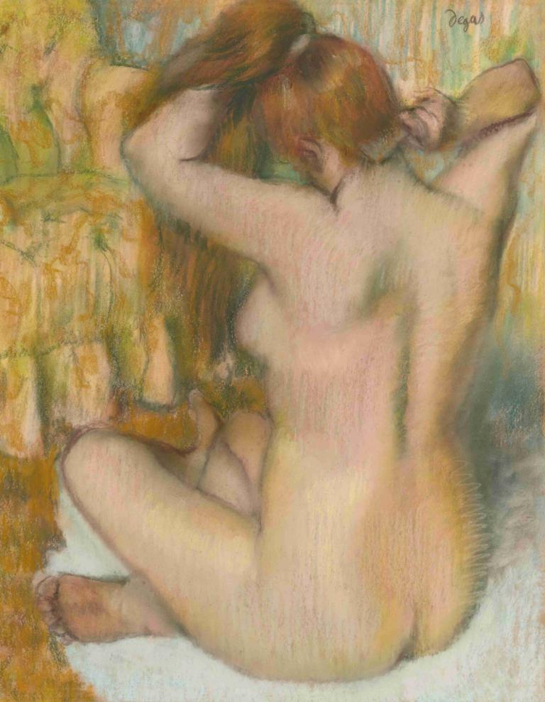 Femme nue, de dos, se coiffant (femme se peignant),女的，女的，女的(女),Edgar Degas,埃德加·德加,粉彩畫,粉彩畫, 1個女孩, 獨奏, 裸體, 乳房