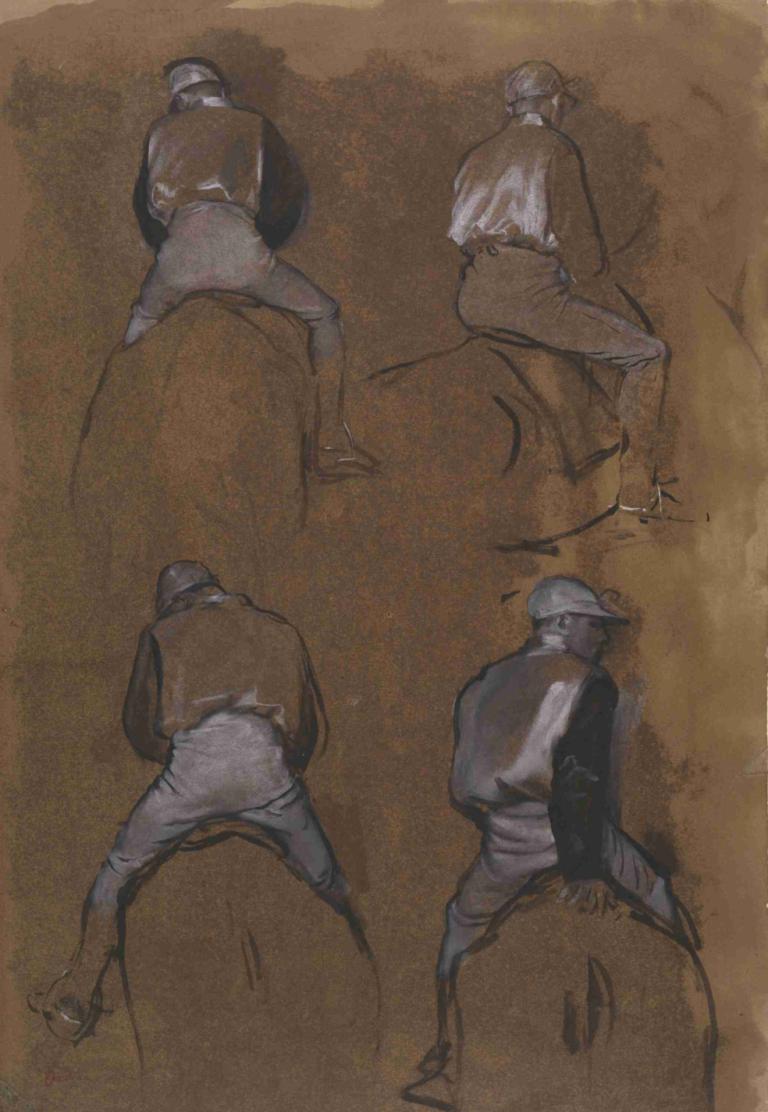 Four Studies of a Jockey,關於騎師的四個研究,Edgar Degas,埃德加·德加,粉彩畫,粉彩畫, 1男孩, 男性焦點, 坐著, 褲子, 多視圖, 棕色主題, 長袖