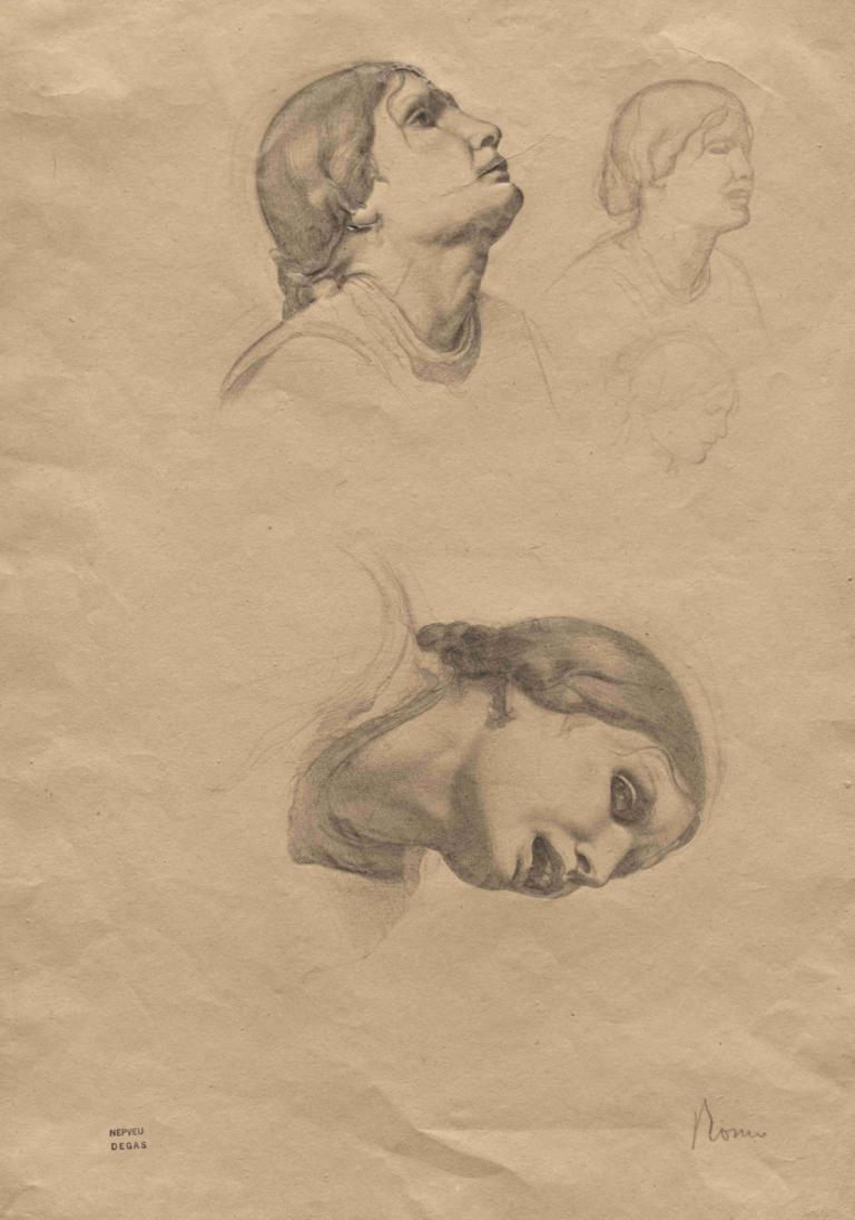 Four Studies of the Head of a Young Italian Woman,一位年輕的義大利婦女頭部的四個研究,Edgar Degas,埃德加·德加,素描,素描, 單色, 傳統媒體, 抬頭看