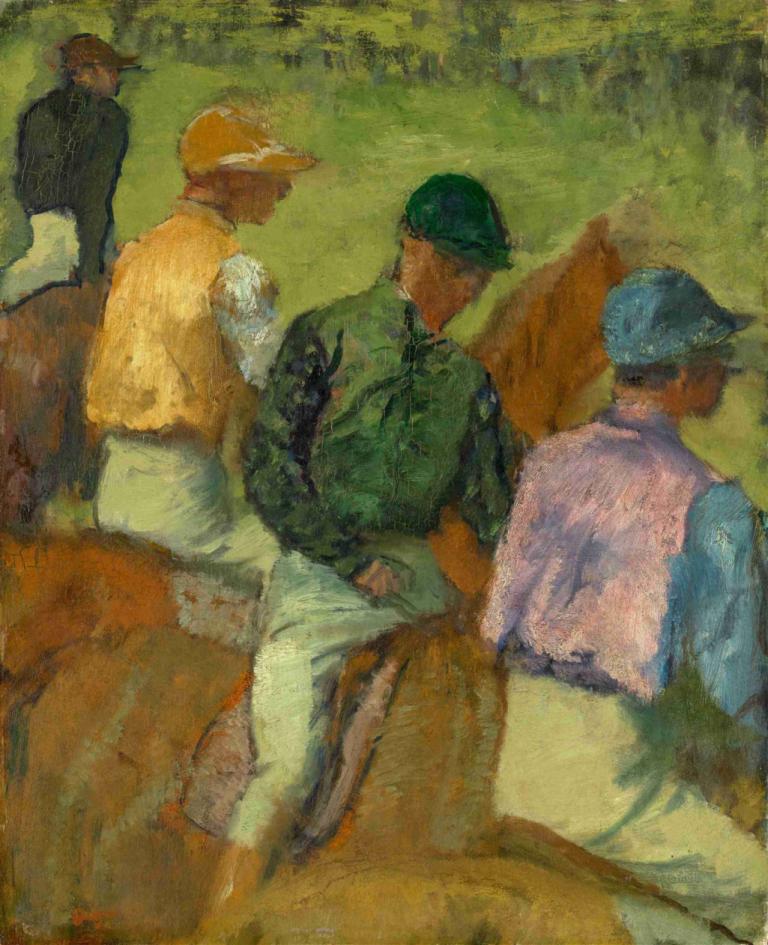 Four Jockeys,四名職業騎師,Edgar Degas,埃德加·德加,油畫,油畫, 多個男孩, 帽子, 坐著, 假傳統媒體, 傳統媒體, 棕色的頭髮, 短髮, 男性焦點, 繪畫（中）