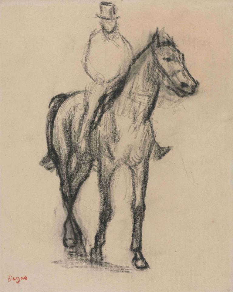 Horse and Rider,Häst och ryttare,Edgar Degas,Skiss,Skiss, häst, hög hatt, hatt, svartvit, ridning