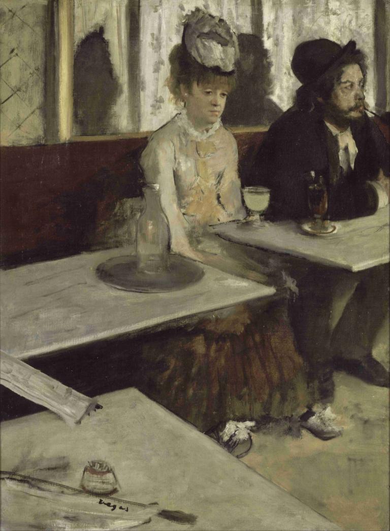 In A Café,In un caffè,Edgar Degas,Pastello,Pastello, 1 ragazza, cappello, tavolo, vestito, seduta, tazza