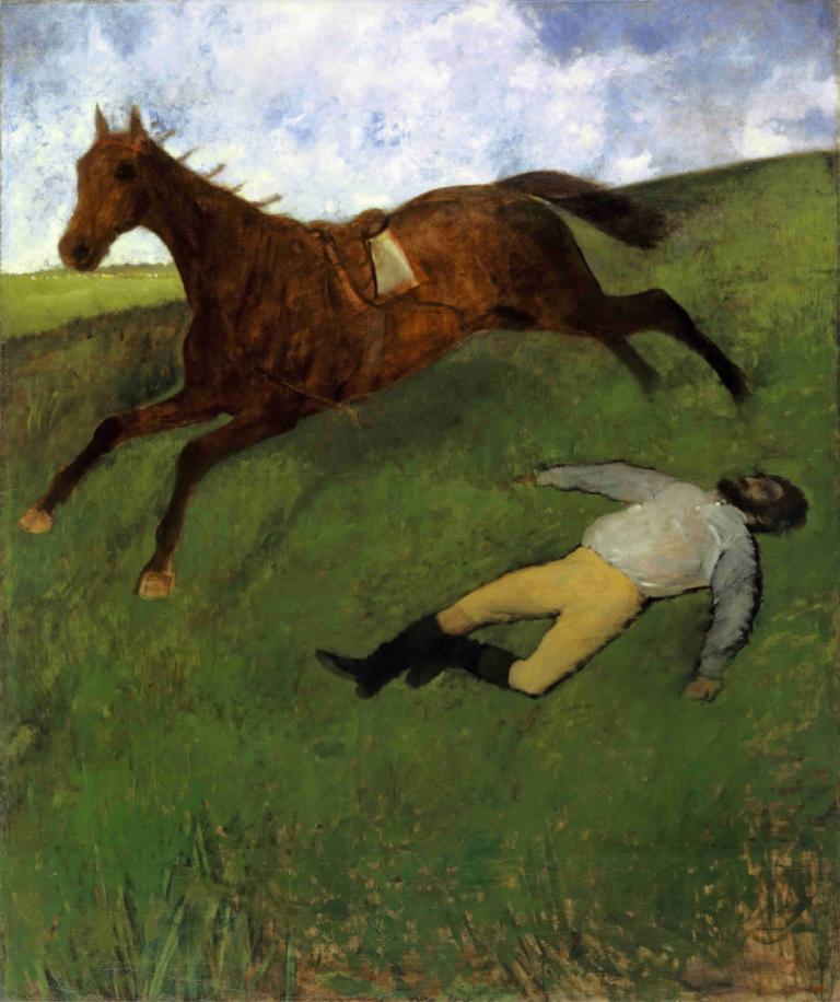 Injured Jockey,Poškodovani žokej,Edgar Degas,Oljna slika,Oljna slika, 1 fant, moški fokus, trava, nebo, oblak