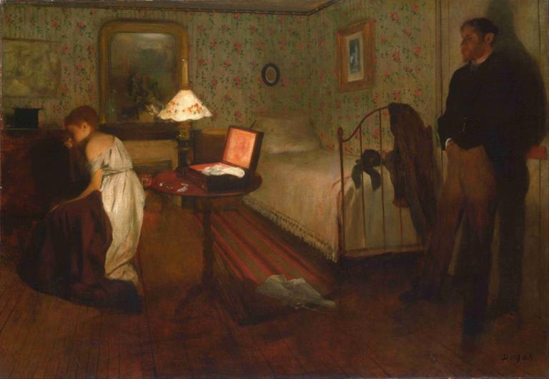 Interior,Notranjost,Edgar Degas,Oljna slika,Oljna slika, obleka, 1 dekle, tabela, bela obleka, 1 fant