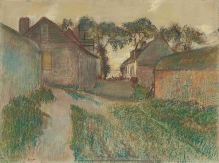 La Rue Quesnoy, Saint-Valéry-Sur-Somme,Edgar Degas,Pastello,Pastello, nessun essere umano, albero, erba