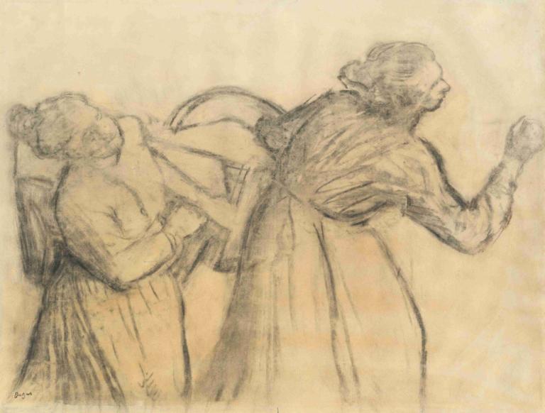 Laundress Carrying Linen,Lavandaia che porta la biancheria,Edgar Degas,Schizzo,Schizzo, monocromo, 1 ragazza