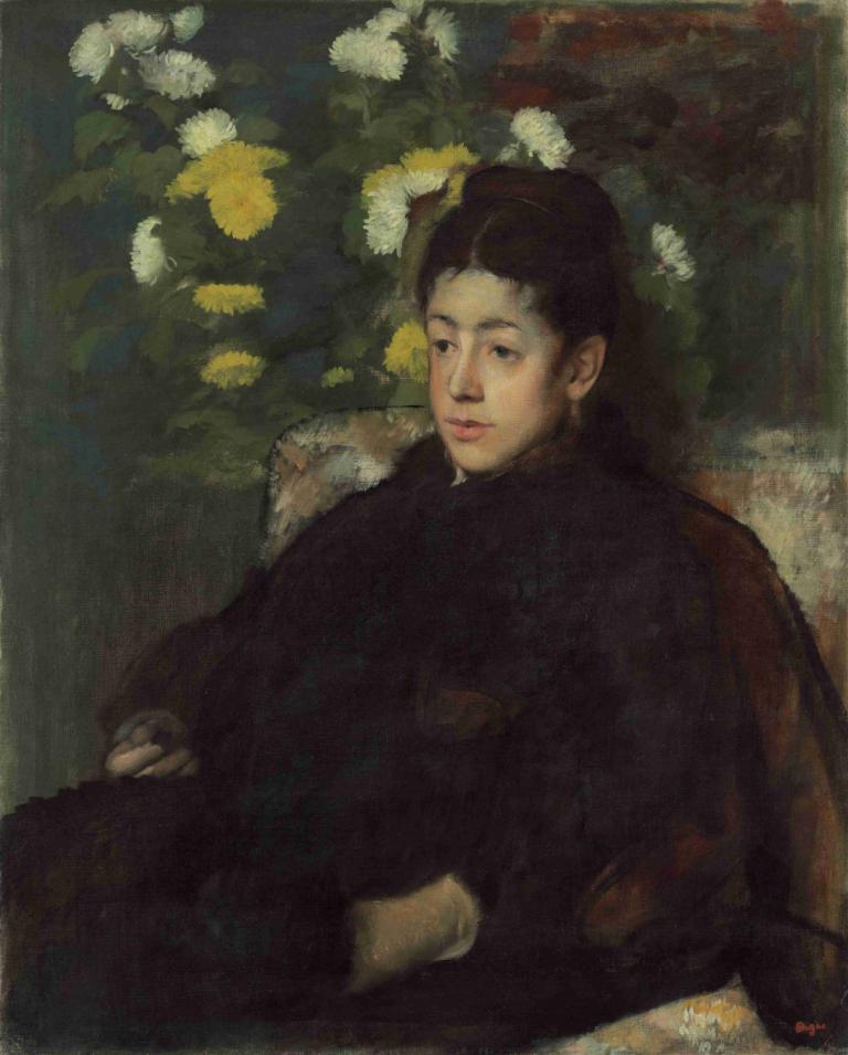 Mademoiselle Malo,Edgar Degas,Öljymaalaus,Öljymaalaus, yksin, 1 tyttö, mustat hiukset, kukka, istuu