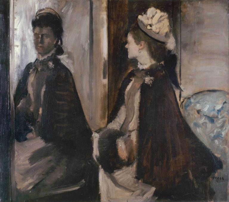 Mrs Jeantaud In The Mirror,Fru Jeantaud i spegeln,Edgar Degas,Oljemålning,Oljemålning, 1 tjej, hatt, 1 pojke