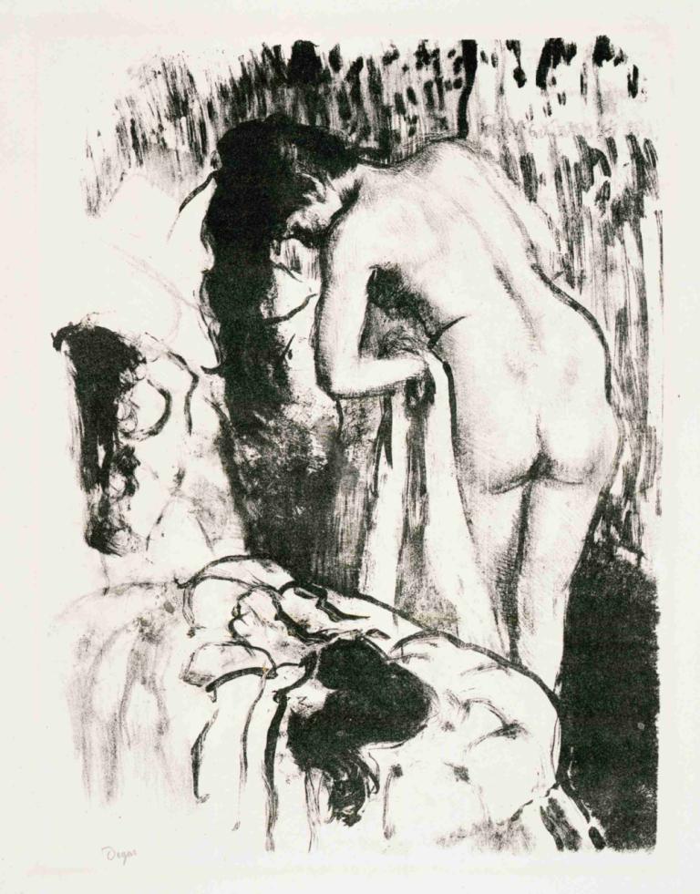 Nude Woman Standing, Drying Herself,Naken kvinna står och torkar sig,Edgar Degas,Skiss,Skiss, svartvit, naken