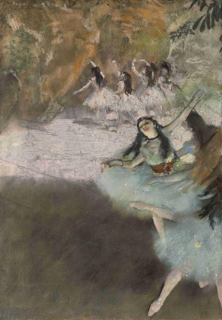 On the Stage,På scenen,Edgar Degas,Pastell,Pastell, svart hår, 1 tjej, klänning, dans, långt hår