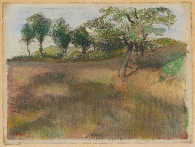 Ploughed Field Bordered by Trees,Sawah yang Dibajak Berbatasan dengan Pepohonan,Edgar Degas,Pastel,Pastel