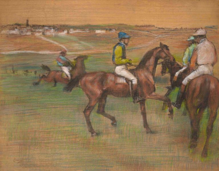 Race Horses,Tävlingshästar,Edgar Degas,Pastell,Pastell, häst, flera pojkar, ridning, hatt