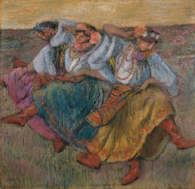 Russian Dancers,Dansatori ruși,Edgar Degas,Pastel,Pastel, coroana de cap, floare, mai multe fete, brunet