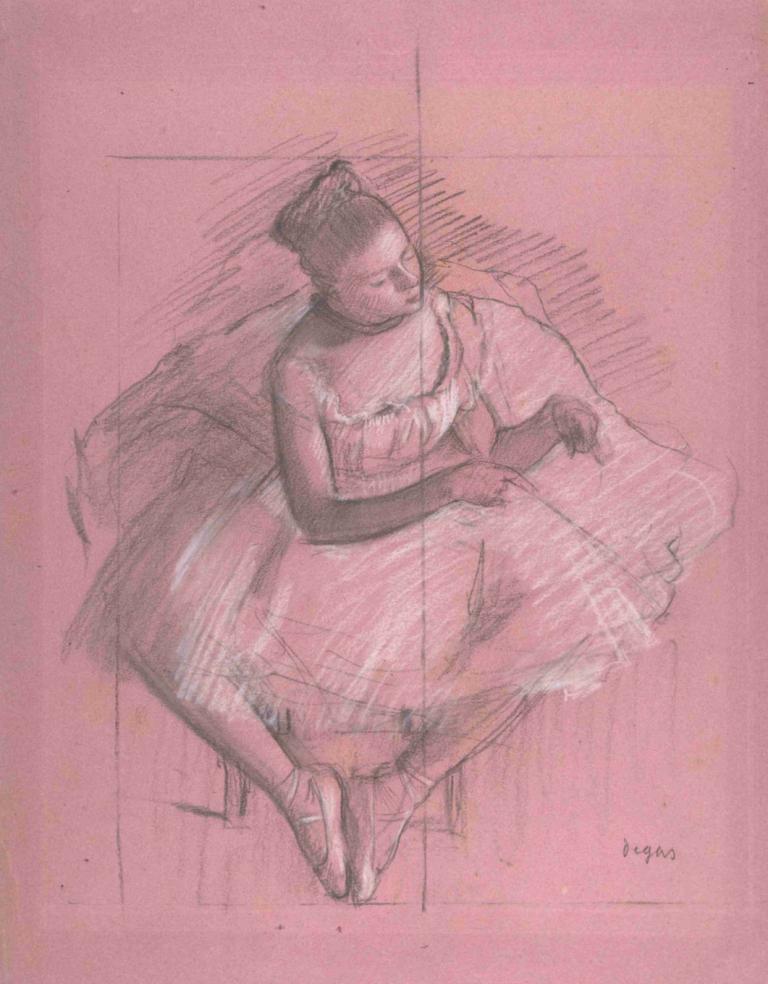 Seated Dancer,Dansator așezat,Edgar Degas,Schiță de culoare,Schiță de culoare, 1 fata, solo, rochie