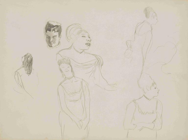 Sketches of Café Singers,Skisser av cafésångare,Edgar Degas,Skiss,Skiss, skiss, 1 tjej, svartvit, klänning