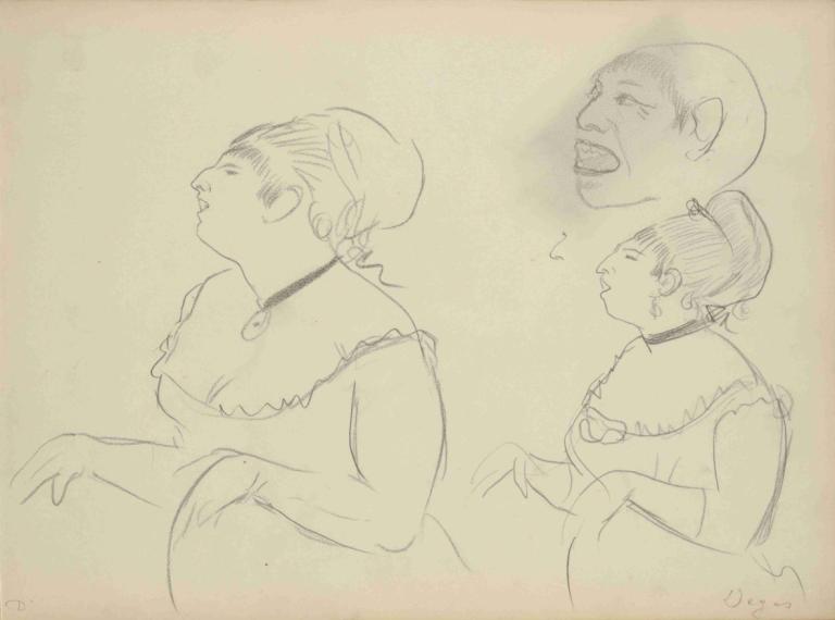 Sketches of Café Singers,Skisser av cafésångare,Edgar Degas,Skiss,Skiss, skiss, 1 tjej, svartvit, 1 pojke