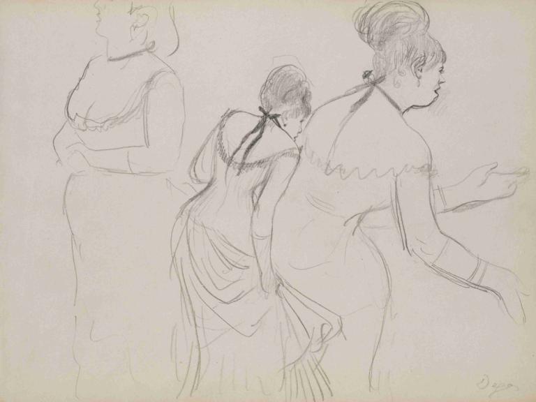 Sketches of a Café Singer,一位咖啡館歌手的素描,Edgar Degas,埃德加·德加,素描,素描, 裙子, 草圖, 單色, 多個女孩, 乳房, 劈裂, 傳統媒體, 短髮, 髮髻, 3個女孩