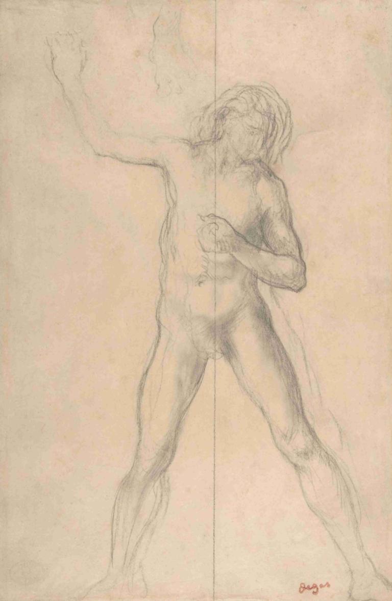 Standing Nude Youth, with right arm raised,Stående naken ungdom, med höger arm upplyft,Edgar Degas,Skiss