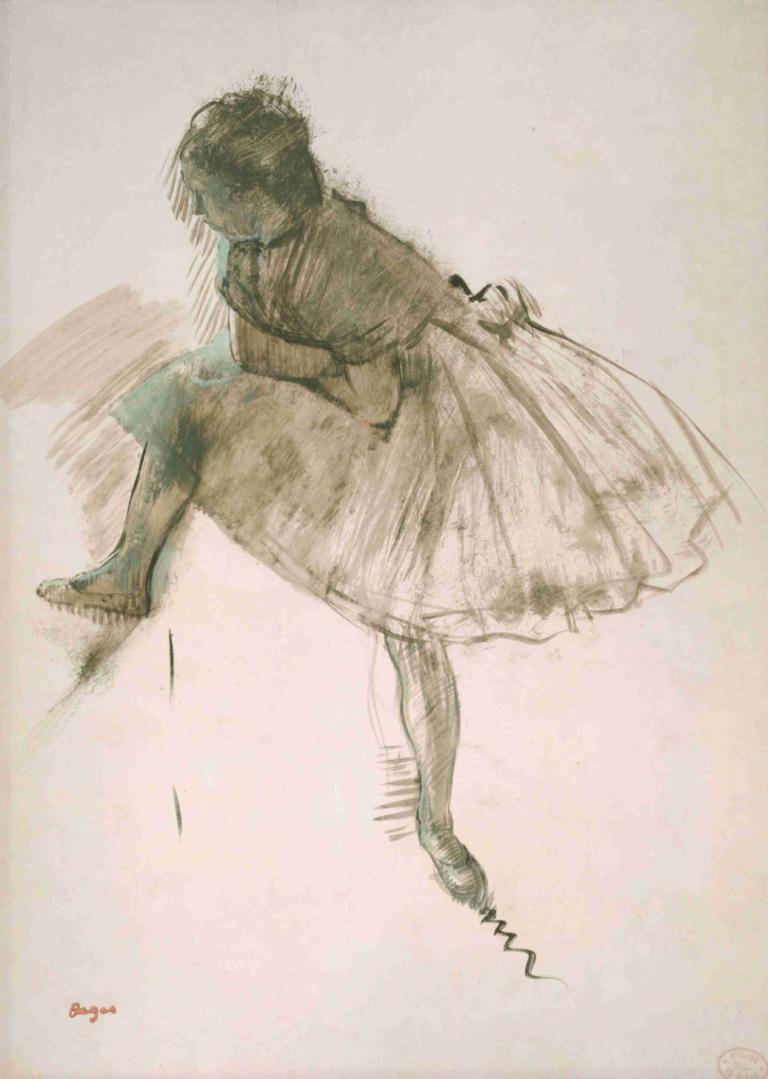 Study of a Ballet Dancer,Edgar Degas,Pastel,Pastel, 1girl, solo, dress, monochrome, barefoot, leaning forward