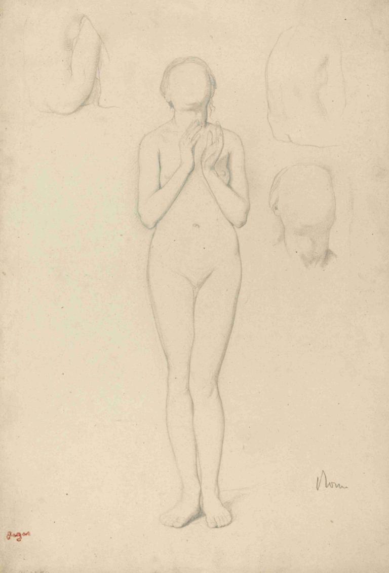 Study of a Female Nude,Edgar Degas,Sketch,Sketch, 1girl, nude, sketch, solo, barefoot, monochrome, navel