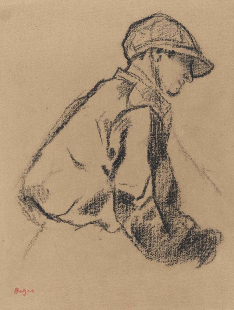 Study of a Jockey,Edgar Degas,Sketch,Sketch, solo, 1boy, male focus, monochrome, hat, traditional media