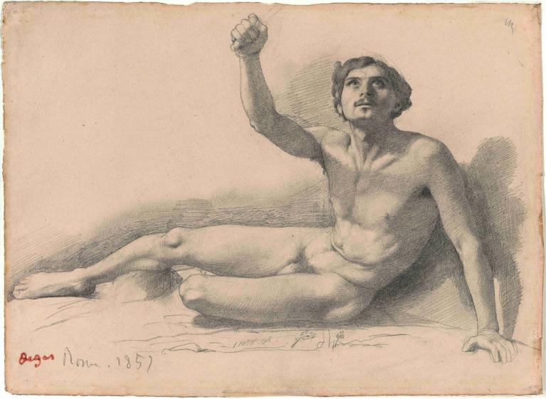 Study of a Male Nude,Edgar Degas,Sketch,Sketch, solo, 1boy, male focus, monochrome, nude, dated