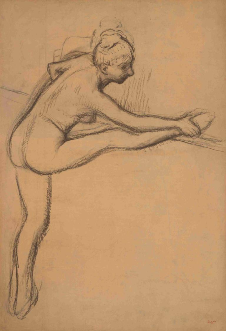 Study of a Nude (Dancer at the Barre),Edgar Degas,Sketch,Sketch, 1girl, solo, sketch, nude, ass, monochrome