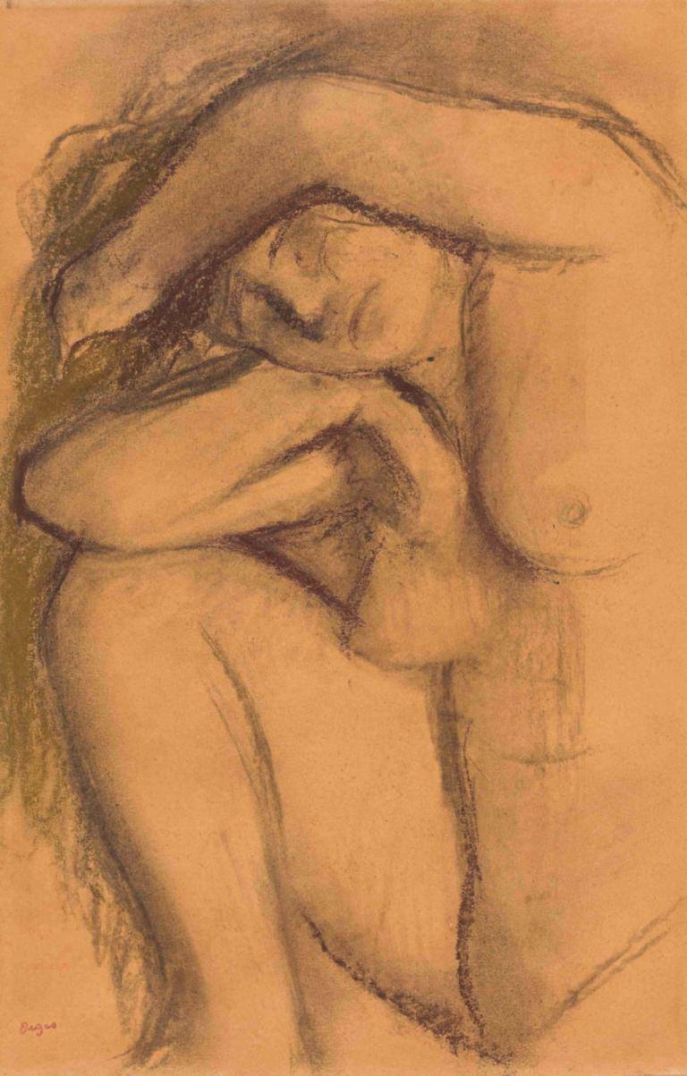 Study of the nude,Edgar Degas,Color Sketch,Color Sketch, 1girl, breasts, nude, nipples, monochrome, solo