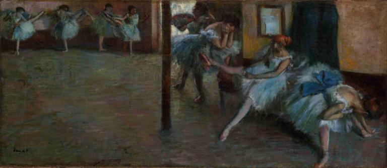 The Ballet Rehearsal,Edgar Degas,Oil Painting,Oil Painting, multiple girls, dress, 6+girls, barefoot, dancing