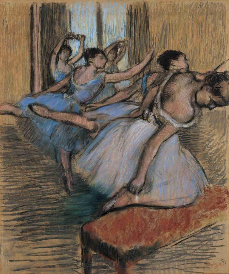 The Dancers,Die Tänzer,Edgar Degas,Pastell,Pastell, mehrere Mädchen, Kleid, barfuß, treten, Tanzen