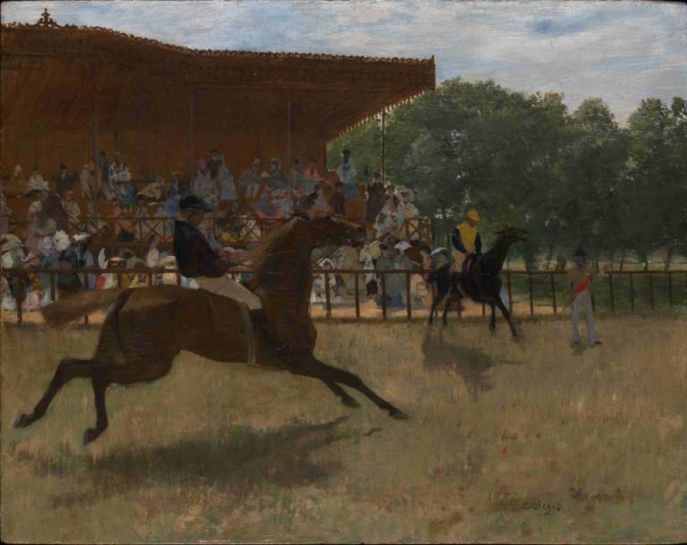 The False Start,The False Start,Edgar Degas,Ölgemälde,Ölgemälde, draußen, mehrere Jungen, Baum, Pferd