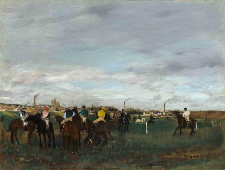 The Races,Die Rennen,Edgar Degas,Ölgemälde,Ölgemälde, Pferd, Wolke, Reiten, mehrere Jungen, draußen, Himmel