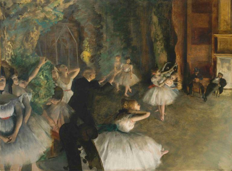 The Rehearsal of the Ballet Onstage,Edgar Degas,Oil Painting,Oil Painting, multiple girls, dress