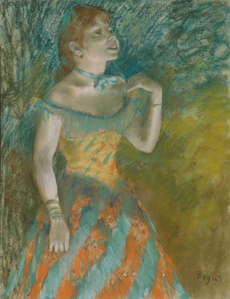 The Singer in Green,Die Sängerin in Grün,Edgar Degas,Pastell,Pastell, 1Mädchen, Solo, Kleid, Schmuck, Armband