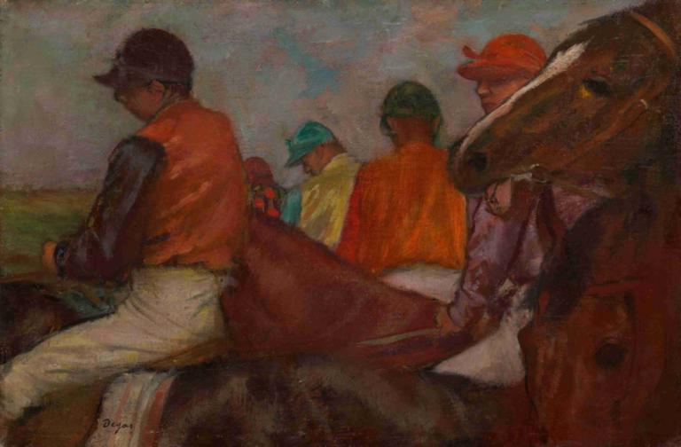 The Jockeys,Đội kỵ sĩ toàn Mỹ.,Edgar Degas,- Edgar Dega.,Tranh sơn dầu,Tranh sơn dầu, nhiều chàng trai, mũ