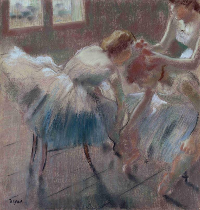 Three Dancers Preparing for Class,Edgar Degas,Pastel,Pastel, multiple girls, ballerina, dress, short hair