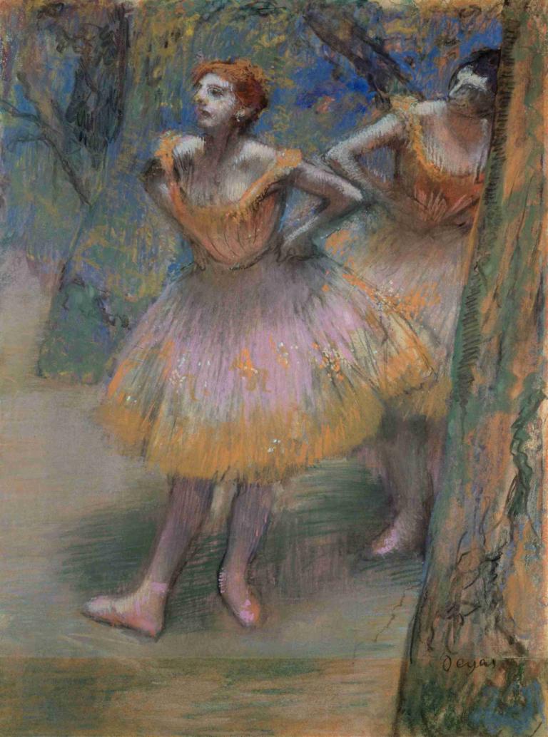 Two Dancers,二人のダンサー,Edgar Degas,エドガー・ドガ,パステル画,パステル画, バレリーナ, バレエシューズ, 木, ドレス, チュチュ, バレエ, 1女の子, ダンシング, パンスト