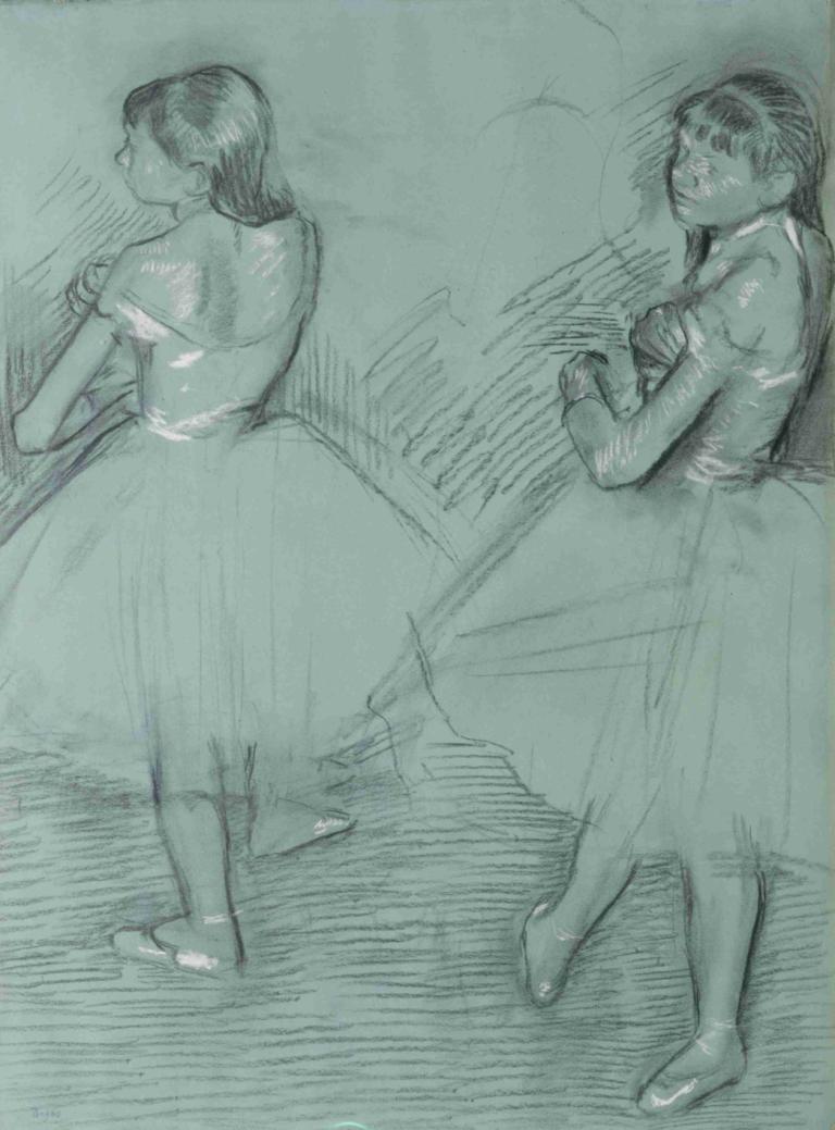 Two Dancers,두 명의 댄서,Edgar Degas,에드가 드가,스케치,스케치, 여러 여자, 여자 2명, 드레스, 단색화, 스케치, 긴 머리, 전통 미디어