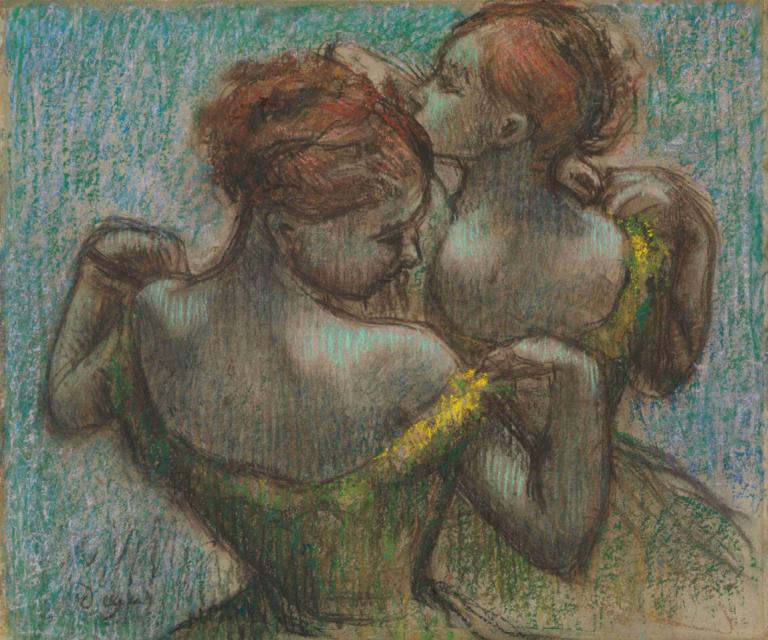 Two Dancers, Half-length,두 명의 댄서, 하프 길이,Edgar Degas,에드가 드가,파스텔,파스텔, 여자 1명, 1남, 헤테로, 키스, 가슴, 옷을 벗다, 드레스, 빨강 머리