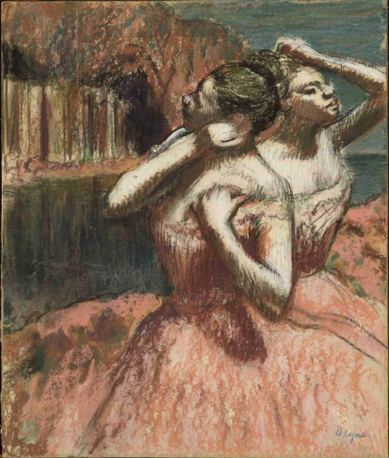 Two Dancers,두 명의 댄서,Edgar Degas,에드가 드가,파스텔,파스텔, 드레스, 미술 패러디, 전통 미디어, 흑발, 여자 1명, 댄스, 나무, 서명